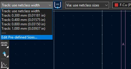 Button for editing predefined trace widths