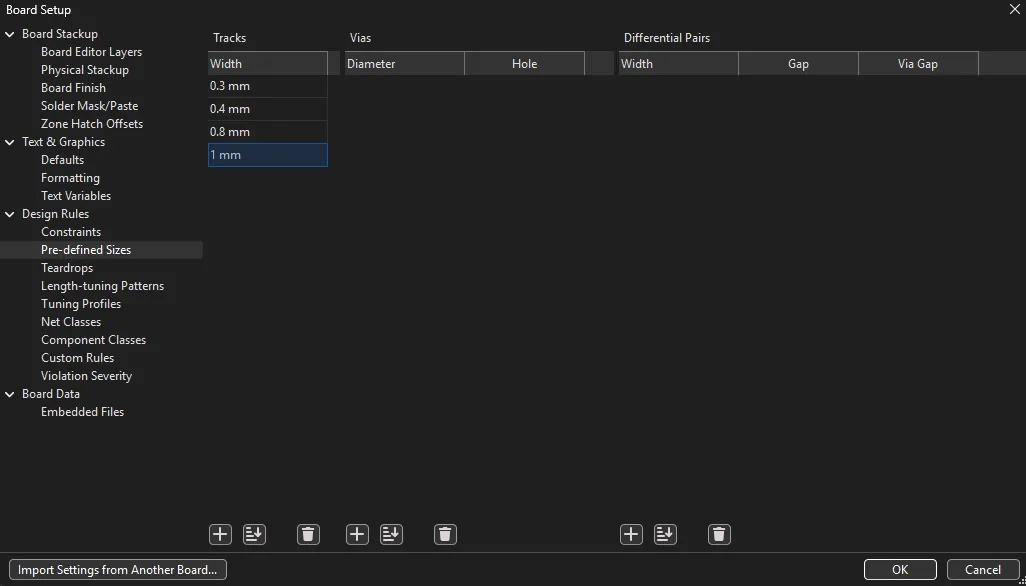 Predefined trace-width settings